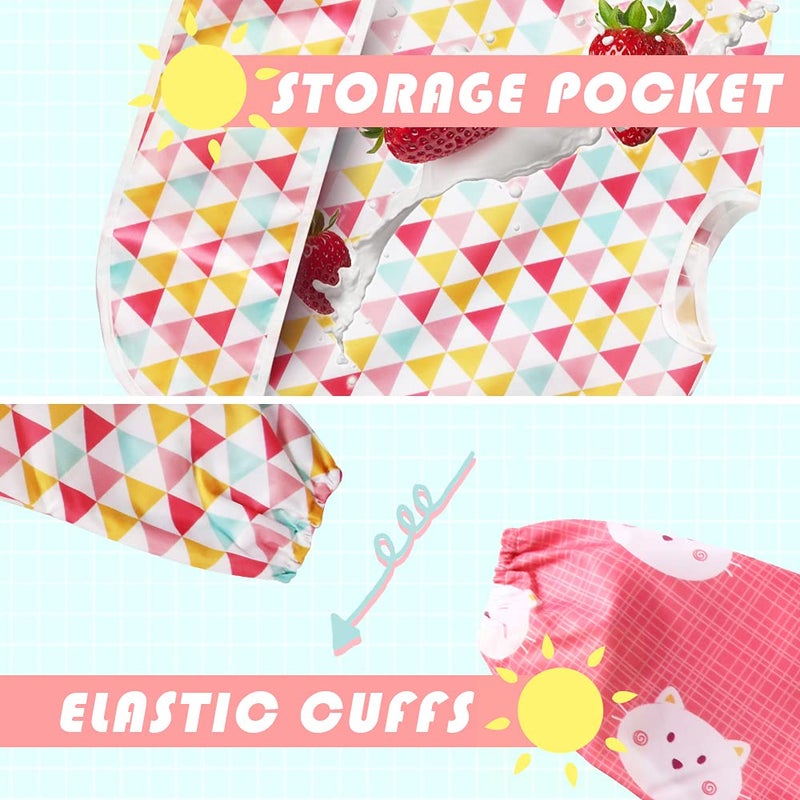 Little Dimsum Full Sleeved Feeding Bib 2 Pack,Baby & Toddler Waterproof Bib Apron,Food Protection Large Pocket Eating Smock 6-36 Months(Pink/Red) - Image 2